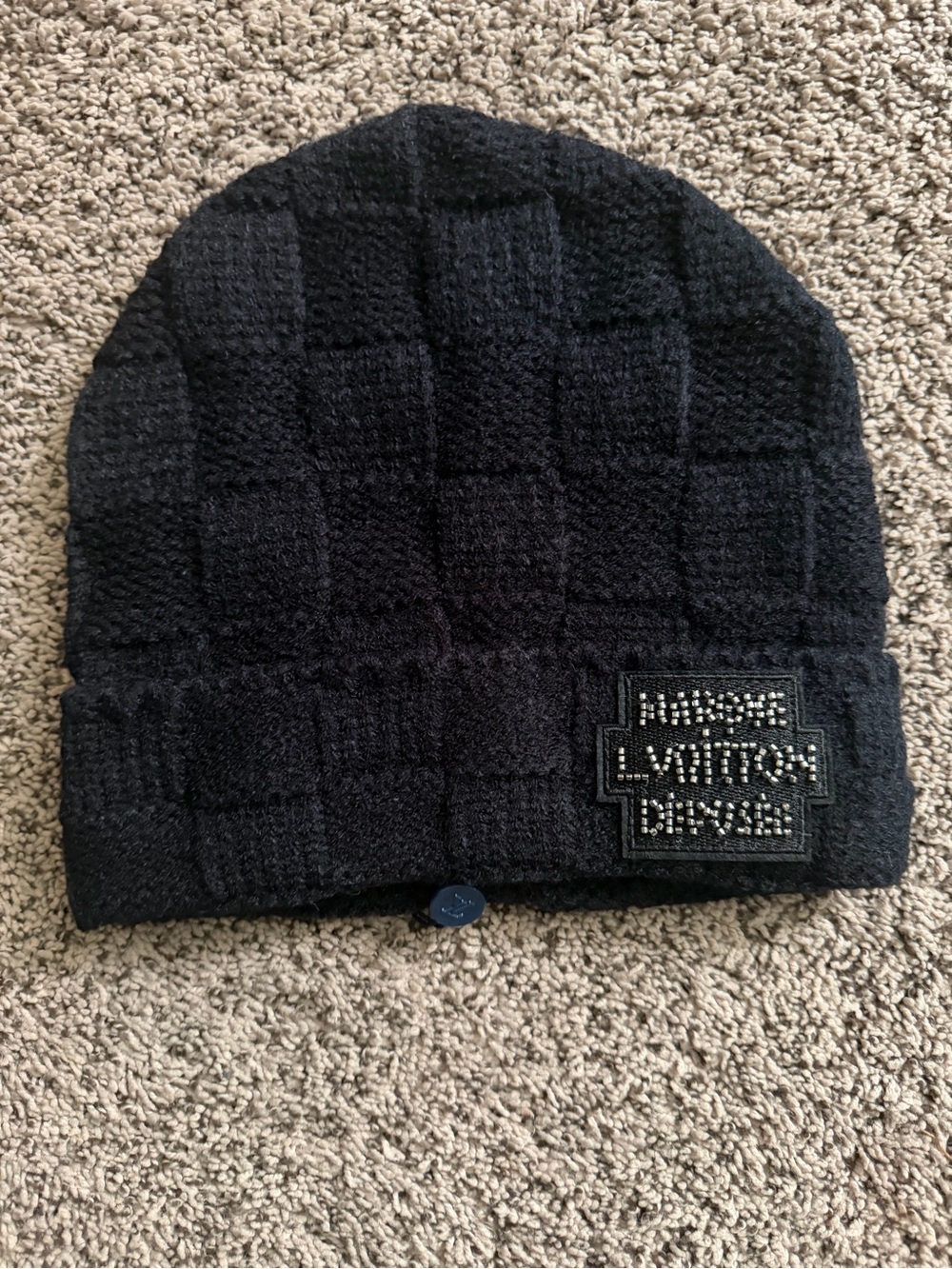 Louis Vuitton Black Checker Knit Beanie with Logo Patch